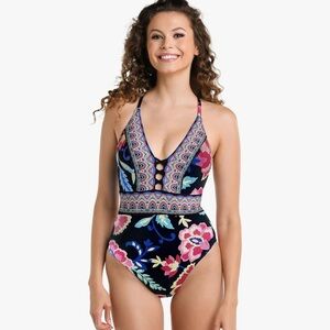 La Blanca Women's Plunge One Piece Swimsuit convertible straps multicolored 275